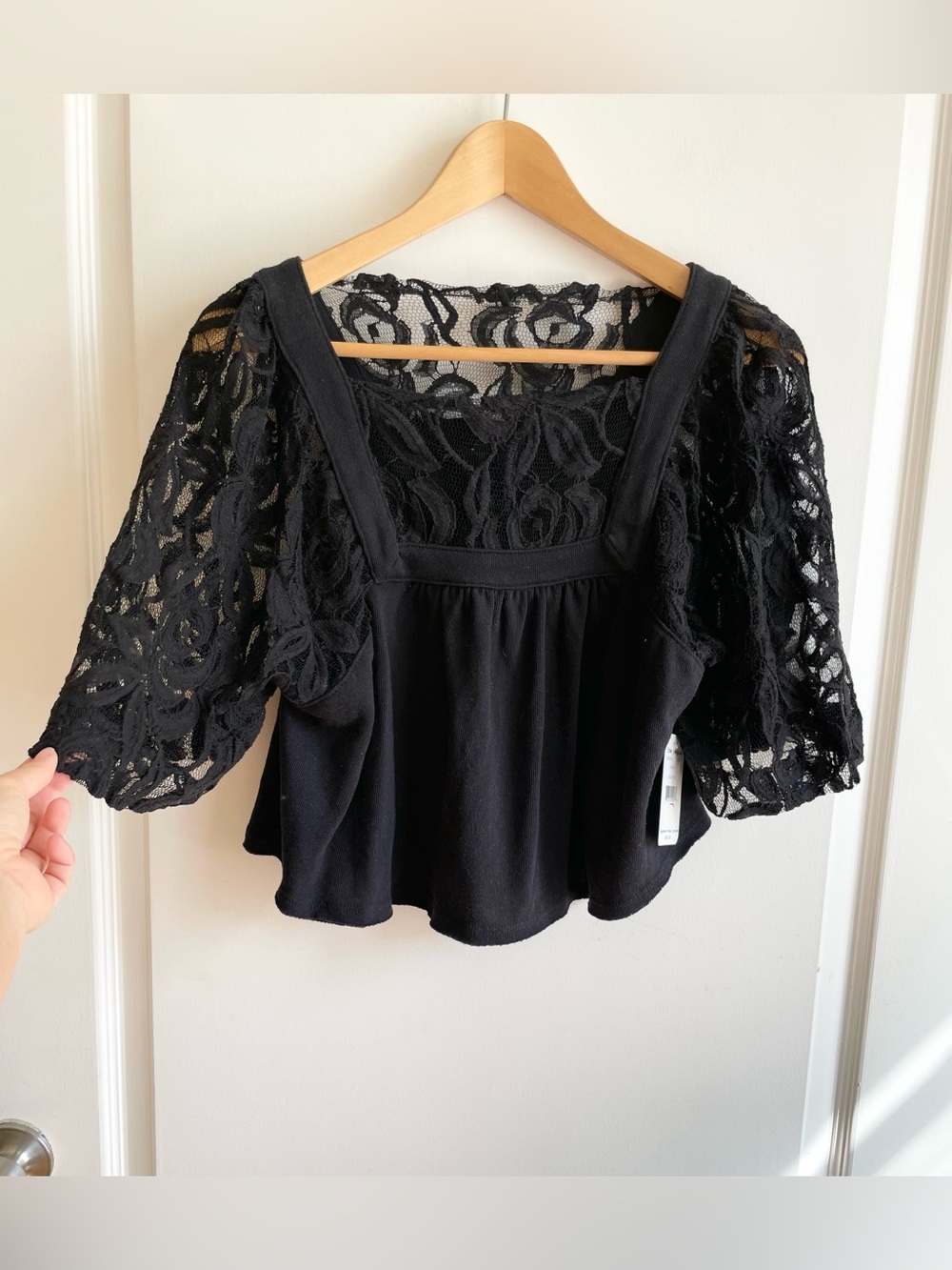 Free People Black Square Neck Lace Boxy Top XS Fairy Boho